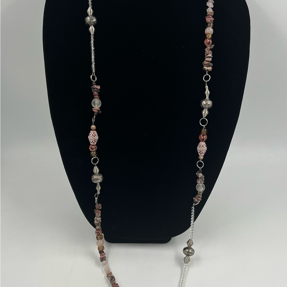 Elegant Beaded Rose Quartz & Stone Necklace with Silver metal Accents